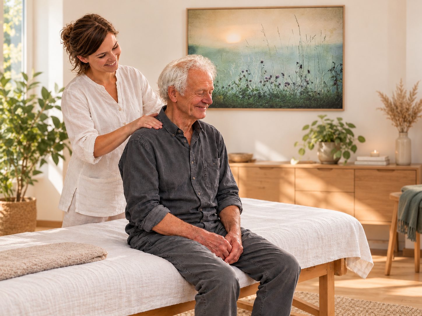 A practitioner places her hands on the shoulders of an older man in a bright treatment room